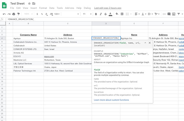 Searching for organizations using DQL and an Excel spreadsheet. Select individual fields from the KG to insert into your spreadsheet.